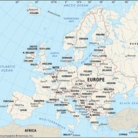 Map showing the countries of Europe with national capitals and surrounding bodies of water, including the Atlantic Ocean, Mediterranean Sea, and Black Sea.