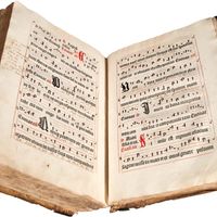 Antiphonarium Basiliense, printed by Michael Wenssler in Basel, c. 1488. Marginalia suggests its use as a choir book into the 19th century.