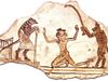 limestone ostracon depicting a cat, a boy, and a mouse magistrate