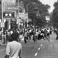 Police began to move in the area of 12th Street and Clairmont as hundreds of people fill the street with violence gaining momentum during the 1967 Detroit Race Riot.