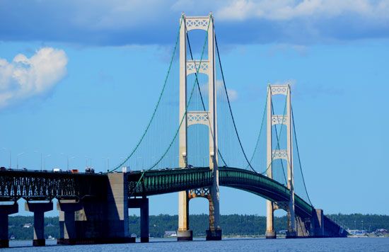 Mackinac Bridge seen from Mackinaw City, Mich.