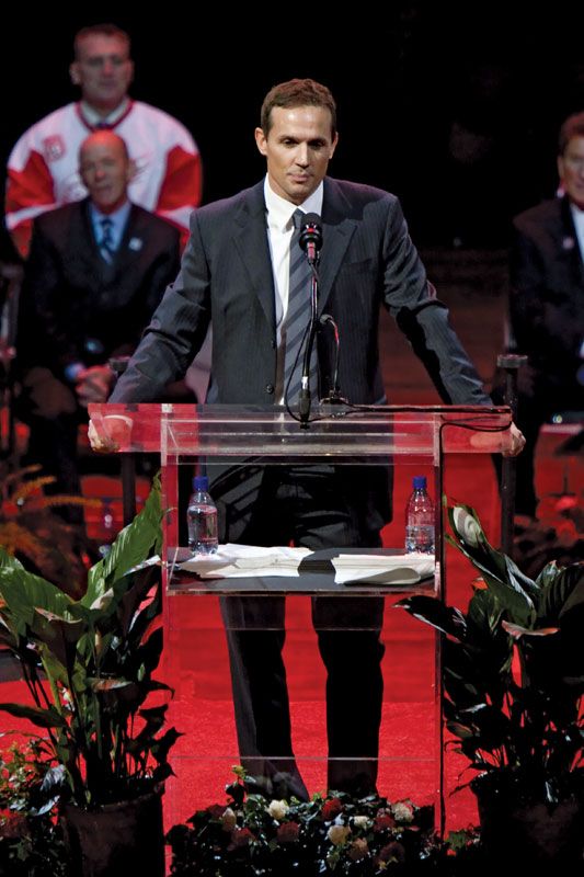 Steve Yzerman speaks at Joe Louis Arena on January 3, 2007, in Detroit, Michigan.