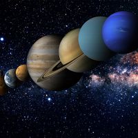 Solar System with the sun and planets amid stars. Illustration Venus Mercury Earth Mars Jupiter Saturn Neptune Uranus space orbit