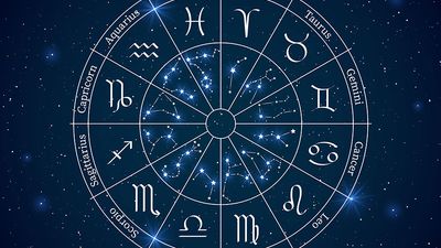 Astrology horoscope circle. Wheel with zodiac signs, constellations horoscope with titles, geometric representation