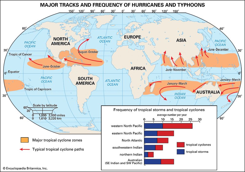 Tracks and frequency of tropical cyclones and tropical storms