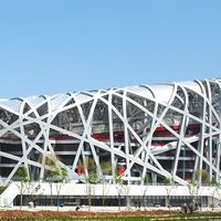 Beijing Olympics 2008. Beijing National Stadium, known as the Bird's Nest, Aug. 8, 2008 Beijing, China. Herzog & de Meuron collaborated with ArupSport and China Architecture Design & Research Group (see notes)