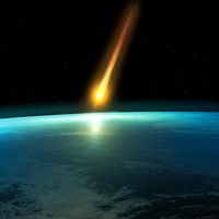 Artist interpretation of a Space meteoroid impact. Meteor impact. Asteroid, End of the world, danger, destruction, dinosaur extinct, Judgement Day, Planet Earth, Doomsday Predictions, comet