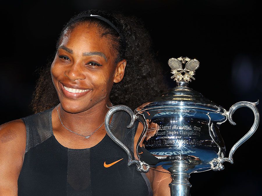 Serena Williams poses with the Daphne Akhurst Trophy after winning the Women's Singles final against Venus Williams of the United States on day 13 of the 2017 Australian Open at Melbourne Park on January 28, 2017 in Melbourne, Australia. (tennis, sports)