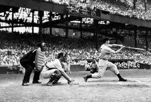 Outfielder Joe DiMaggio, of the New York Yankees, at bat against the Washington Senators, June 30, 1941.