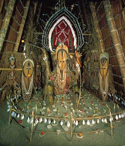 Initiation scene in a cult house. From Abelam, Papua New Guinea. In the Museum of Ethnology, Basel, Switzerland.