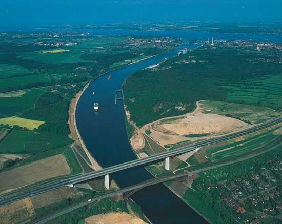 The Kiel Canal, running from the mouth of the Elbe River to the Baltic Sea, Kiel, Ger.