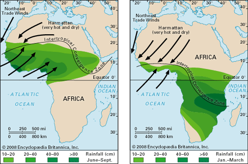 Wind and rainfall patterns of the West African monsoon.