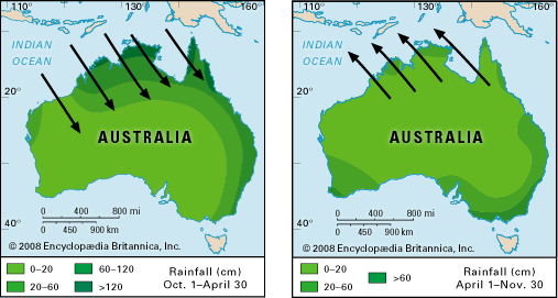 Wind and rainfall patterns of the Australian monsoon.