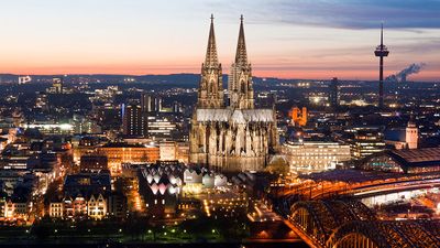 Cologne. Cologne Cathedral. Aerial Cologne, Germany. Roman Catholic church on the Rhine river by Hohenzollern Bridge (right), eclipses all other historic buildings. Largest Gothic church in northern Europe. UNESCO World Heritage site, Gothic architecture