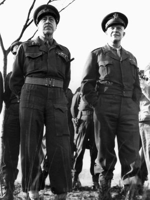 (Left) Henry Crerar, commander of the First Canadian Army, and (right) Dwight D. Eisenhower, supreme commander of the Allied Expeditionary Force, World War II.