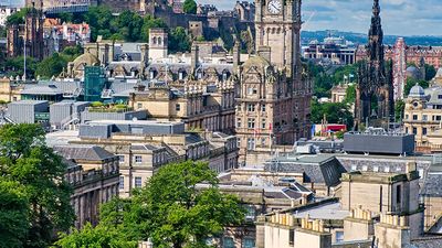 View of the city of Edinburgh in Scotland including several of its famous landmarks