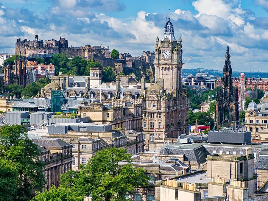 View of the city of Edinburgh in Scotland including several of its famous landmarks