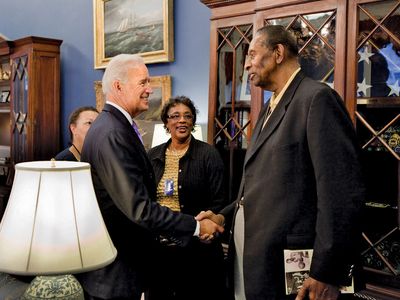 Earl Lloyd (right) meeting U.S. Vice Pres. Joe Biden in the White House, Washington, D.C., 2010.