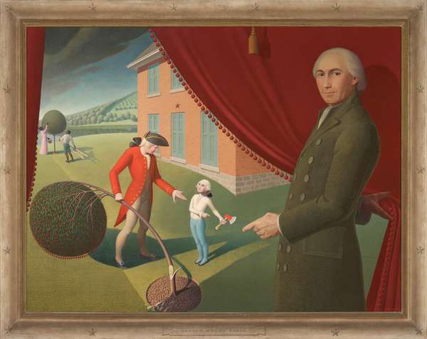 Parsons Weems' Fable, oil on canvas by Grant Wood, 1939; in the Amon Carter Museum of American Art. Catalog entry: The historian Mason Locke Weems, commonly known by his clerical title, Parson Weems, pulls back a curtain to point at 6-year-old George Washington. Bearing an adult head and holding an axe, George gazes blankly up at his father, Augustine, who questions his son while holding a partially cut cherry tree. All of this takes place in front of a 20th-century brick building, which Wood modeled after his own home in Iowa. The scene illustrates the fable of Washington and the cherry tree, which Weems invented in 1806 for the first president's biography. Wood playfully suggests the artifice of the tale here, presenting the story in the manner of a costumed stage play rather than a real event. Amid the action, two Black figures pick cherries in the background, a reference to Washington' slaveholding past and a reminder of of what often gets left out in historical mythmaking.