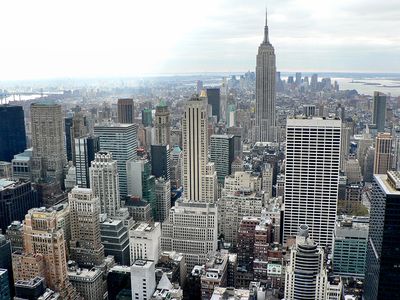 New York city skyline aerial with the Empire State Building, New York City, New York.