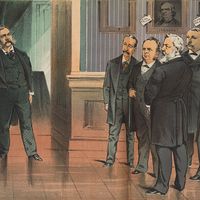 "On the threshold of office--what have we to expect of him?" chromolithograph by Joseph Keppler, September 1881. Print shows the members of the assassinated James A. Garfield's cabinet looking at the new president, Chester Arthur. Chester A. Arthur.