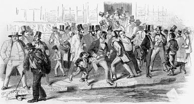 Illustration depicting a run on the Seamen's Bank during the Panic of 1857