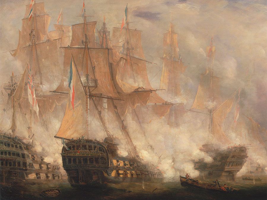 The Battle of Trafalgar -oil on canvas by John Christian Schetky, ca. 1841; in the Yale Center for British Art, New Haven, Connecticut. Ships Man-of-War ship of the line warship