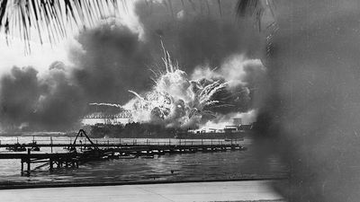 pg 159Explosions rock American base at Pearl Harbor following surprise Japanese attack, December 7, 1941.To Japan, an eventual attack on the United States, specifically on the island outpost of Hawaii, was aninevitable beginning of military action agains