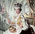 Queen Elizabeth II on her Coronation Day (June 2, 1953) holding the Sovereign's Sceptre with Cross in her right hand the Orb in her left, in an embroidered and beaded dress by Norman Hartnell, a crimson velvet mantle edged with ermine fur, with the Coronation ring, the Coronation necklace, and the Imperial State Crown. The backdrop depicts the interior of Westminster Abbey; photograph by Cecil Beaton. (British royals)