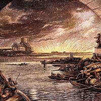 Great Fire of London, 1666 (c1865). Boats full of citizens who have escaped cross the Thames while others look back to Old St Pauls and the blazing city from the safety of the South Bank. (LtoR) Charles I, Oliver Cromwell, Lord Protector and Charles II.