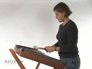 Watch a woman playing the hammered dulcimer