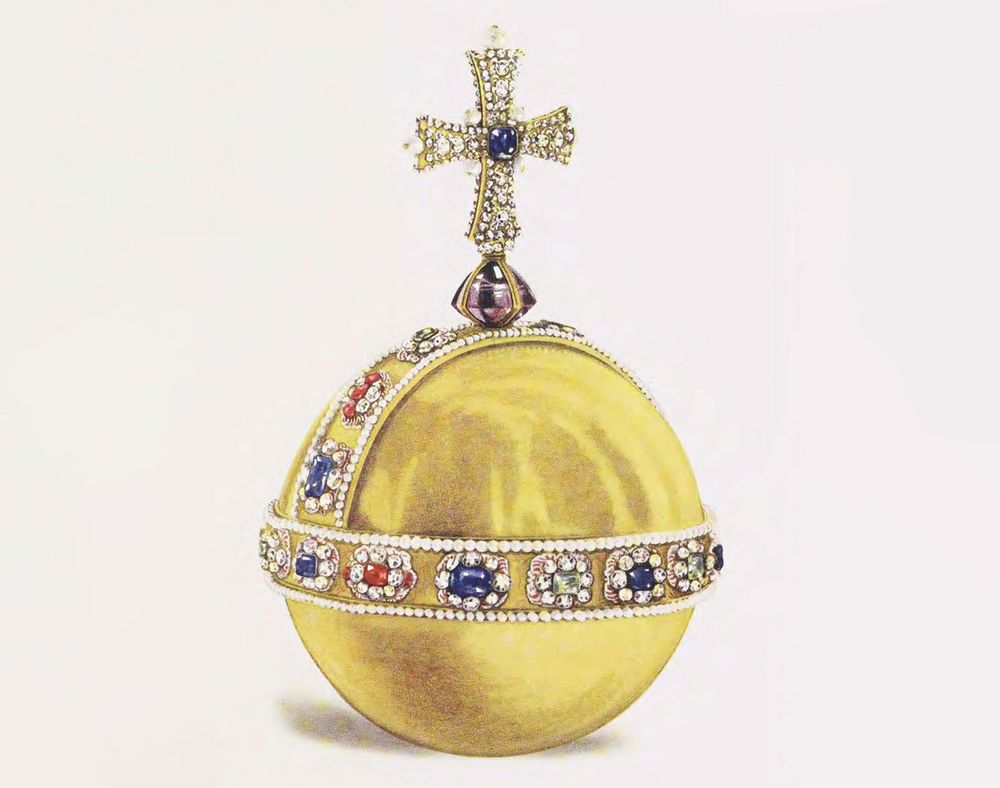 The Sovereign's Orb or The King's Orb symbolises the Christian world with its cross mounted on a globe, and the bands of jewels dividing it up into three sections which represent the three continents known in medieval times. The orb is made of emeralds, rubies and sapphires surrounded by rose cut diamonds, and a single rows of pearls. During the coronation service, the Orb is placed in the right hand of the monarch as they are invested with the symbols of sovereignty. It is then placed on the altar before the moment of crowning.