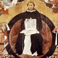 Saint Thomas Aquinas. Apotheosis of St. Thomas Aquinas, altarpiece by Francesco Traini, 1363; in Santa Caterina, Pisa, Italy. St. Thomas Aquinas (c1225-1274) Italian philosopher and theologian. Dominican order of monks (black friars).