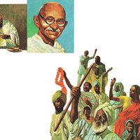 7:012-13 Gandhi, Mahatma: The Salt March, Gandhi in jail writing; portrait of Gandhi; Gandhi's followers