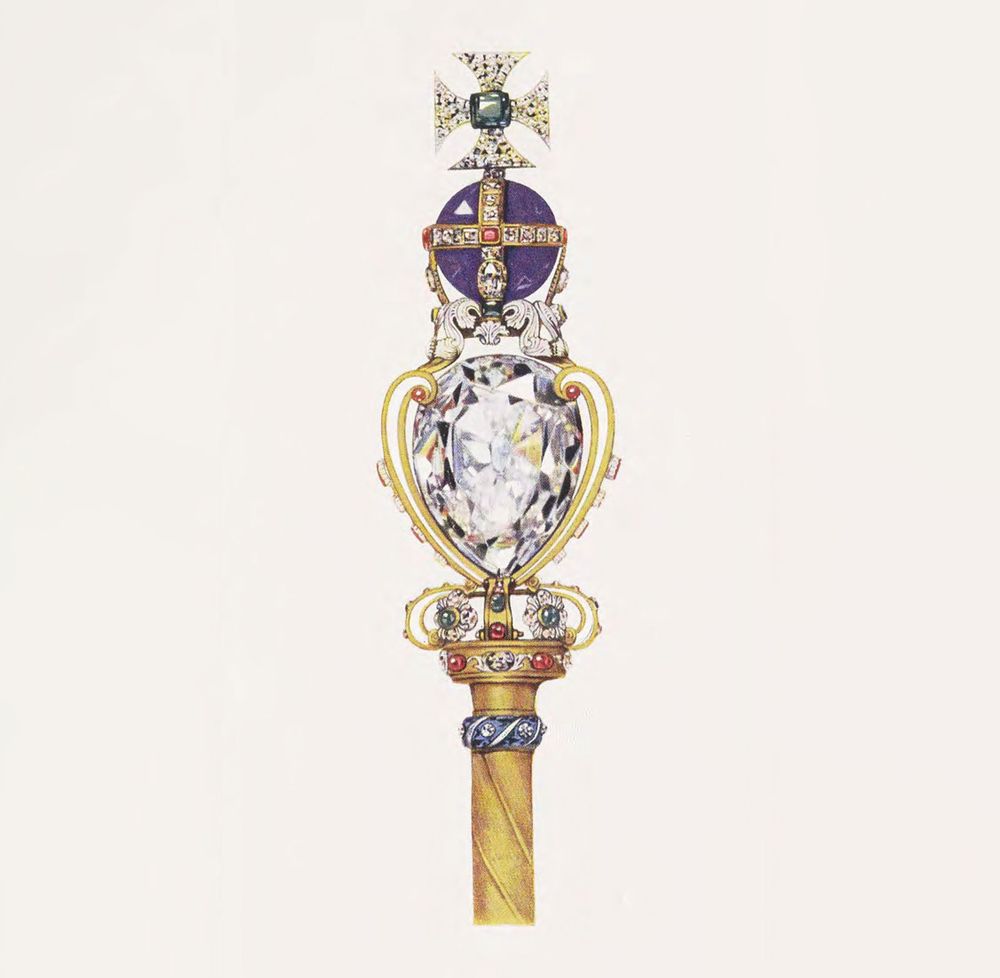 The Sovereign's Sceptre, or the King's Royal Sceptre, comprises a gold rod surmounted by an enameled heart shaped structure, which holds a huge drop shaped diamond, Cullinan I, or the Star of Africa. The scepter also contains emeralds, rubies, sapphires, spinels, amethyst. During the coronation service the new sovereign is first anointed with holy oil, then robed in coronation robes, and then invested with a number of ornaments. The final ornaments are the two sceptres. This one surmounted by a cross and another surmounted by a dove. After receiving the sceptres, the King is crowned.