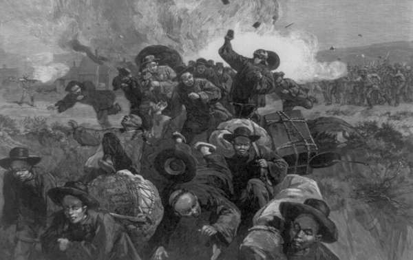 Miners of the Union Pacific Railroad Company shooting at crowd of fleeing Chinese miners working for the Union Pacific. The massacre of the Chinese at Rock Springs, Wyoming