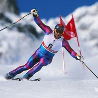 Men's Giant Slalom Italy's Alberto Tomba on the way to retaining his gold medal at Val d'Isere France 1992 Albertville Winter Olympics