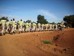 South Sudanese troops marching on a road, Nimule, South Sudan.