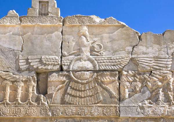 Ahura Mazda - relief of the Zoroastrian god Ahura Mazda at the ancient ruins of Persepolis in Iran. Also known as Ormazd Zoroastrianism,