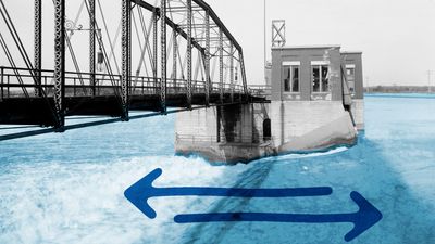 The video thumbnail image shows a black and white bridge over blue water. Blue arrows show that the flow of the water was switched from one direction to the other.