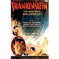 Poster one-sheet from "Frankenstein" (1931) with Colin Clive, Mae Clarke, John Boles, and Boris Karloff, directed by James Whale.