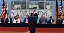 President Ronald Reagan deliving his famous speech that challenged the Soviet Union to tear down the Berlin Wall, at the Brandenburg Gate in West Berlin, June 12, 1987.