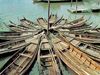 Small boats moored at Port Kelang harbour, Malaysia, on the Strait of Malacca.