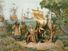 Christopher Columbus kneeling, holding flag and sword with two other men holding flags. There are other men on land and in boats behind Columbus and three ships in background. On the island named San Salvador by Columbus, later called Watling Island.