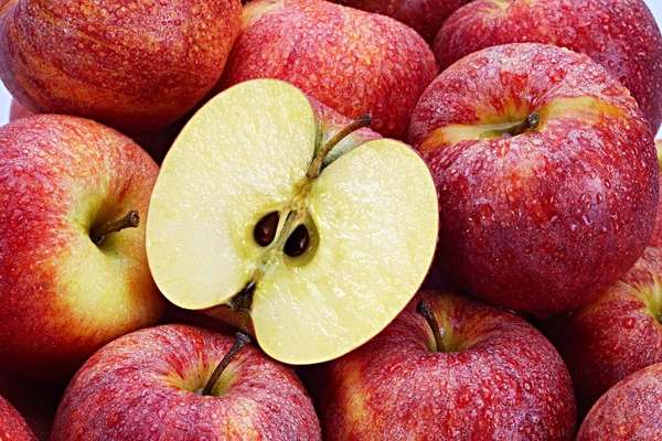 Several red apples with cut apple in the foreground.