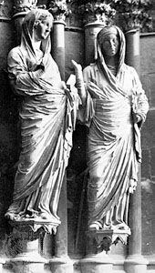 Visitation, detail of the Virgin's Portal, west facade, Reims Cathedral, 1225–45.