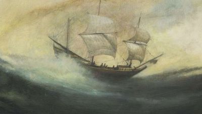 "The Duyfken off Australia, 1606". Produced 2011. "The Dutch East India Company vessel 'Duyfken' sailed south from Batavia in 1606 to discover and partially map for the first time the coastline of northern Australia. The painting imagines the landfall in