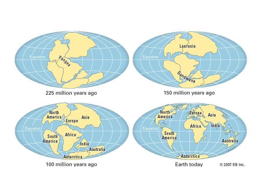 Actual continental drift of plates. Thematic map.