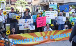 Environmental activists protest nuclear power outside the New York State Energy and Research Authority’s Future Energy Summit on Sept. 5, 2024.