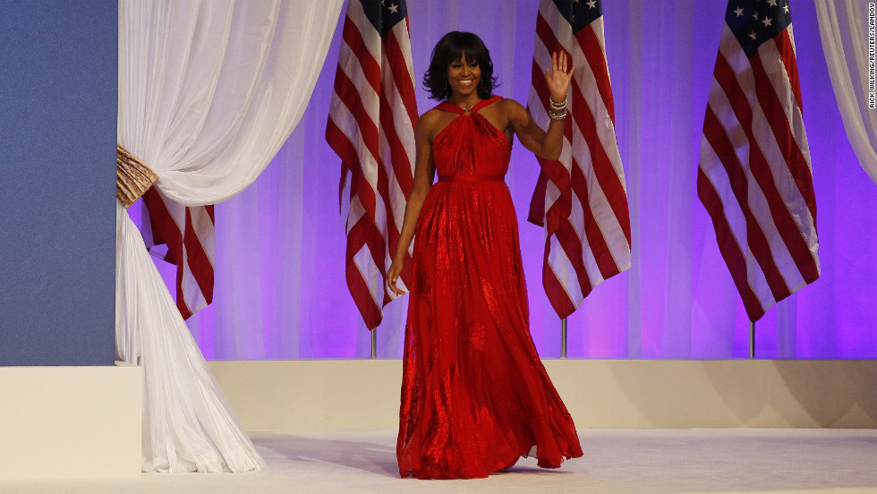 For the Inauguration Night balls in 2013, Obama wore a ruby-colored chiffon and velvet gown by Jason Wu, the same designer who made her 2009 inaugural dress. Known for her continuous support of emerging designers, the first lady essentially made the Taiwanese-born designer a household name in 2009 by wearing his dress.